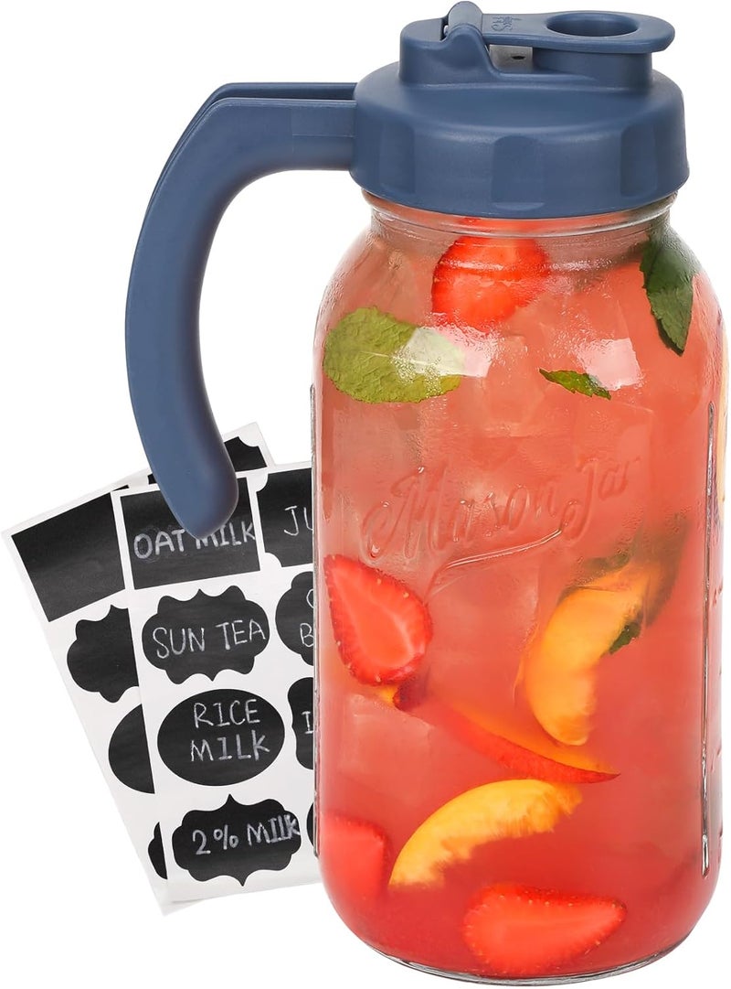 SOLIGT Glass Mason Jar Pitcher with Lid, Wide Mouth Flip Cap Pour Spout Leak-proof Lid with Handle, 64 oz (2 Quart / 1.9 Liter), for Sun Tea/Iced Tea/Juice/Cold Brew Coffee/Milk (1Pack, Hale Navy) - Image 1